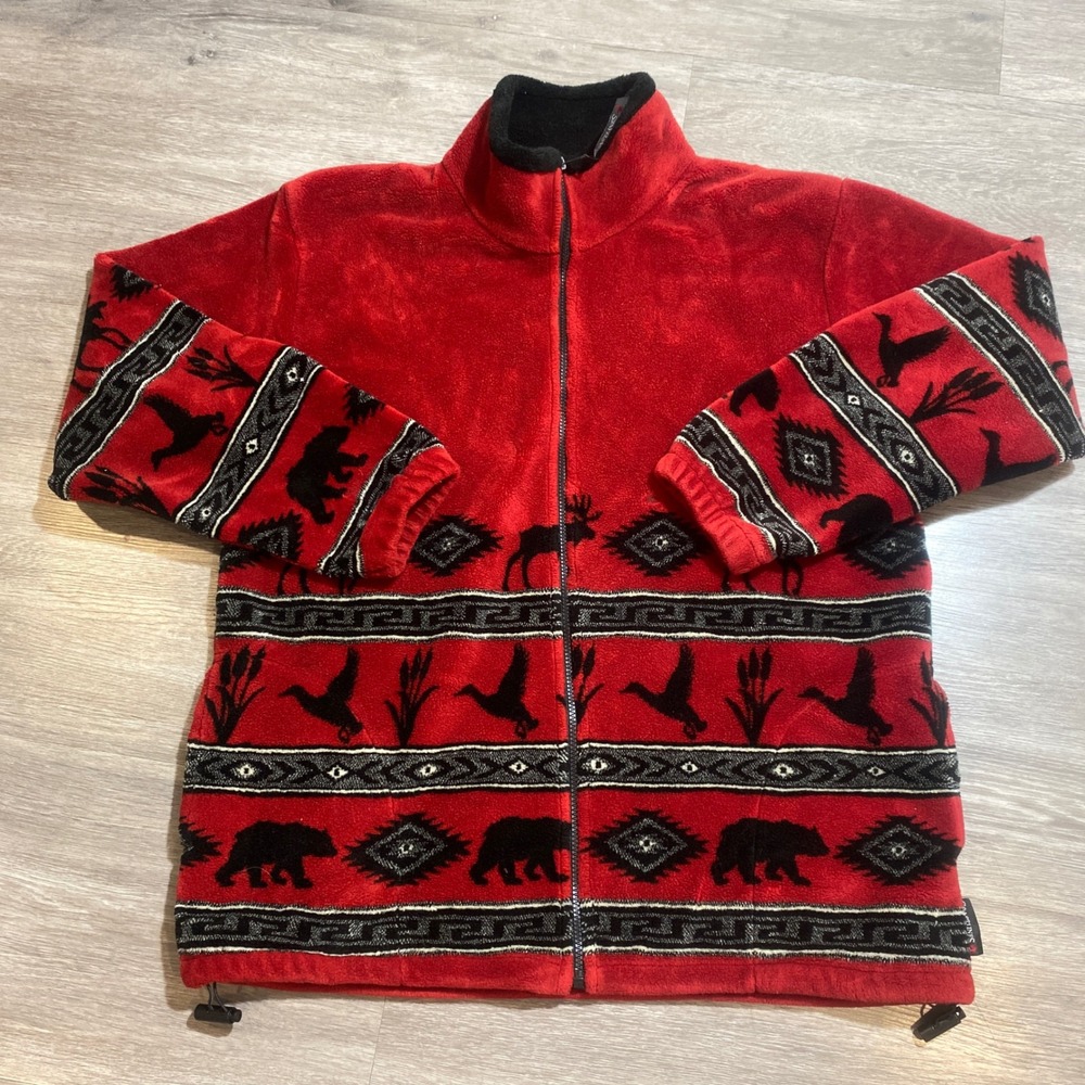 Vintage Coastlines Wildlife Fleece Jacket Red Black Bear Moose Duck Mens XL